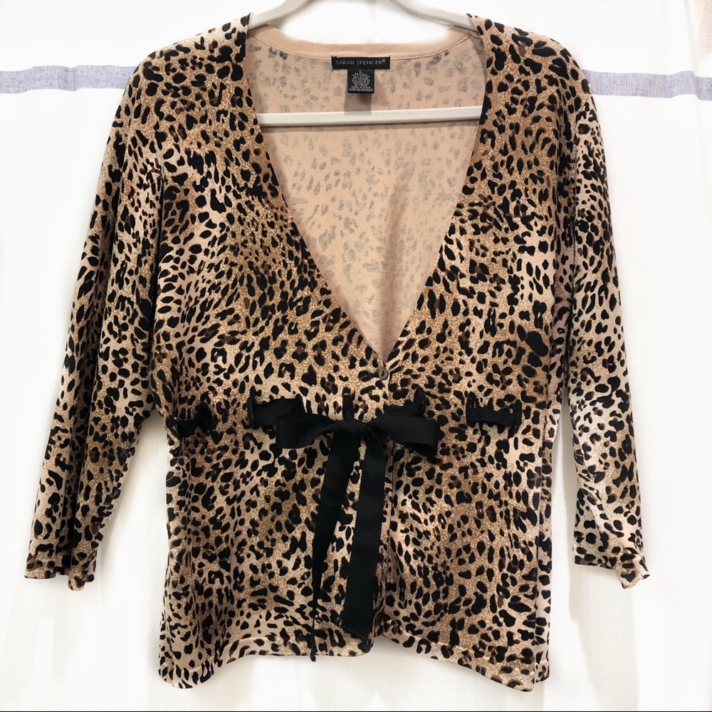 Sarah Spencer Silk Cheetah Cardigan Sweater w/ Bow